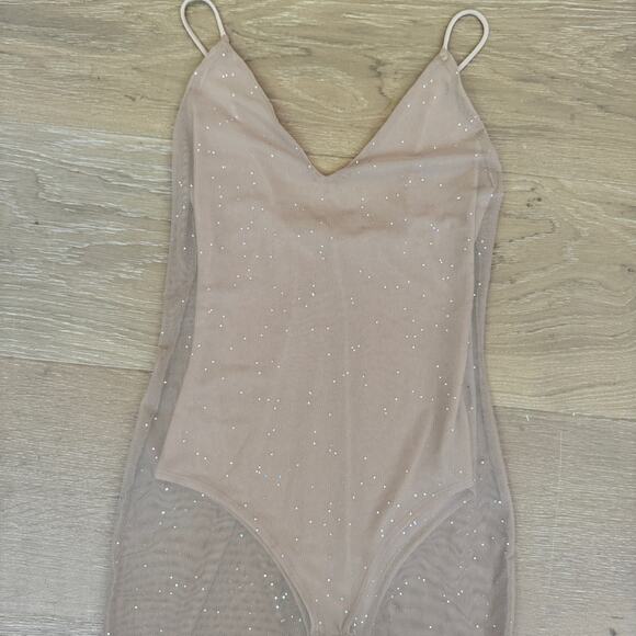 Sheer Nude Mesh Rhinestone MIDI Dress with attached Bodysuit size small - Picture 8 of 9